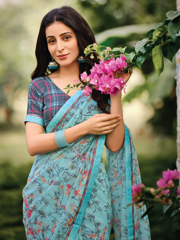 Aqua printed georgette casual wear saree