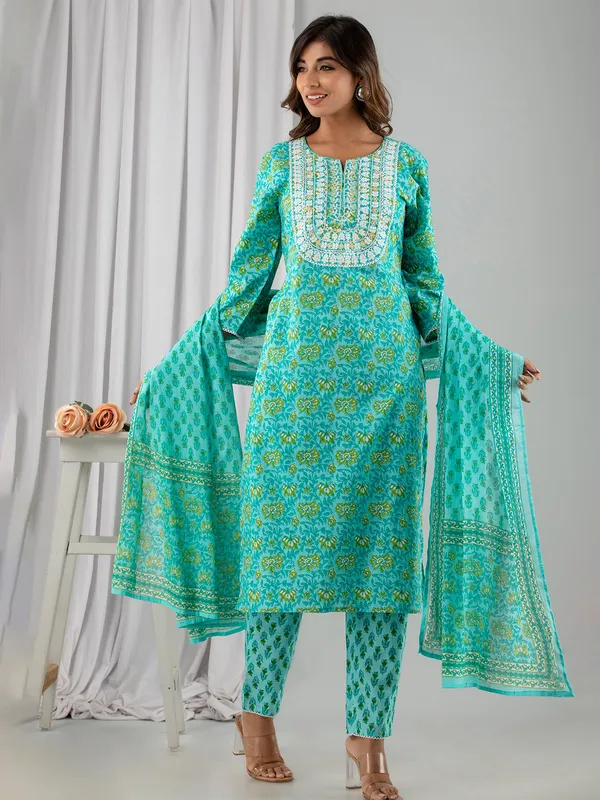 Aqua printed kurti set with dupatta