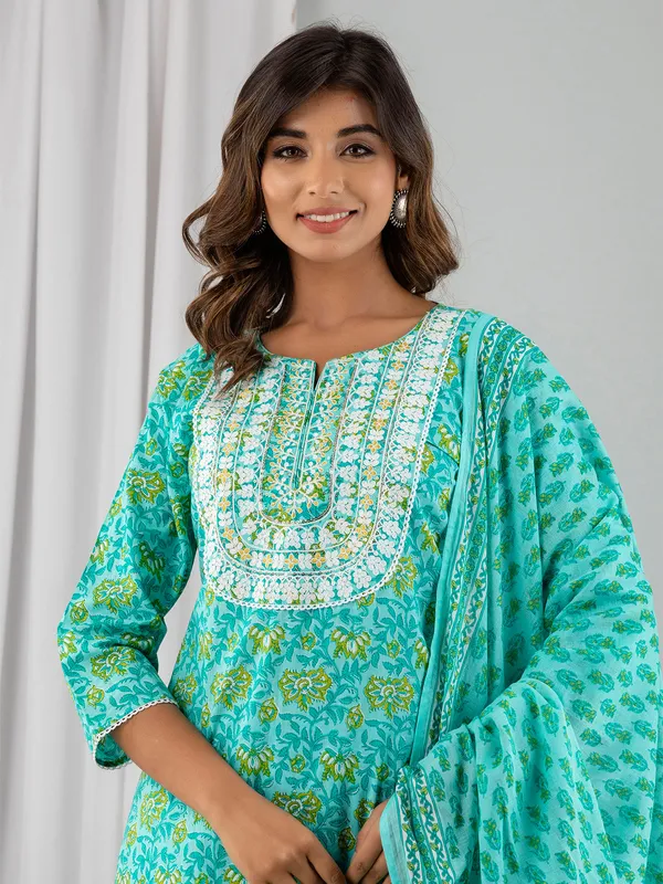 Aqua printed kurti set with dupatta