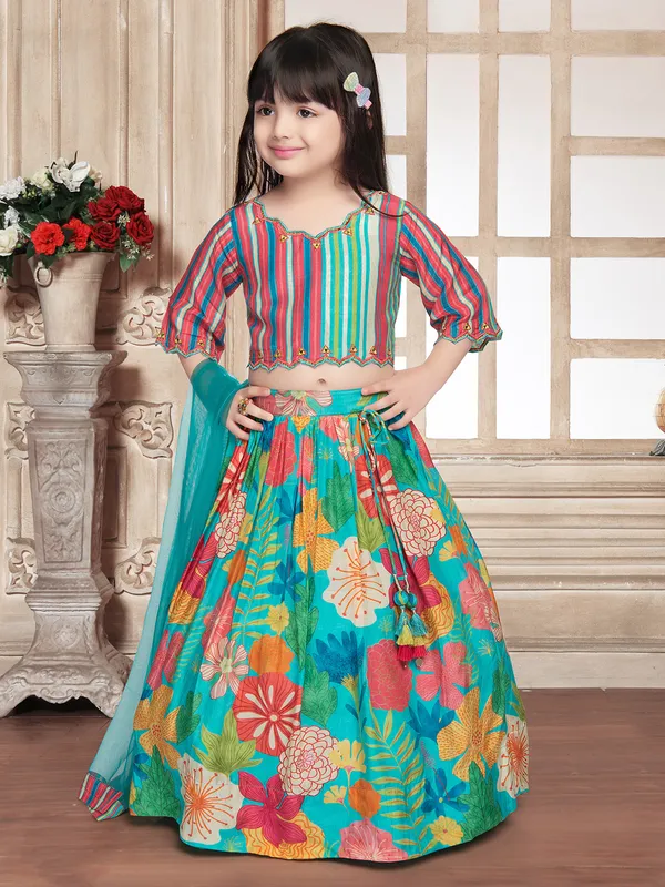 Aqua printed lehenga choli in silk