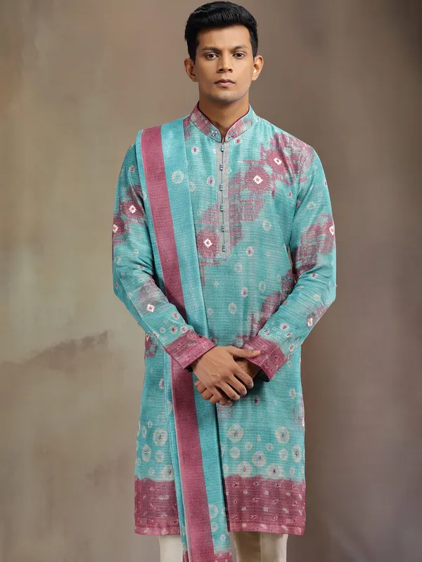Aqua printed boho silk kurta pajama with dupatta