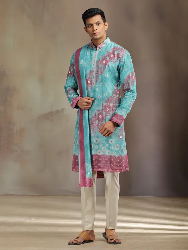 Aqua printed boho silk kurta pajama with dupatta