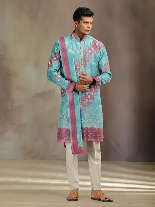 Aqua printed boho silk kurta pajama with dupatta
