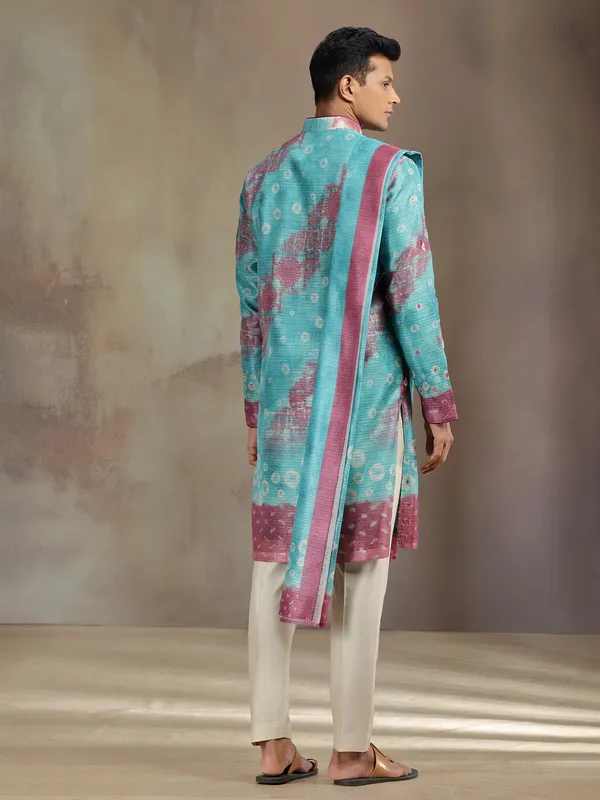 Aqua printed boho silk kurta pajama with dupatta
