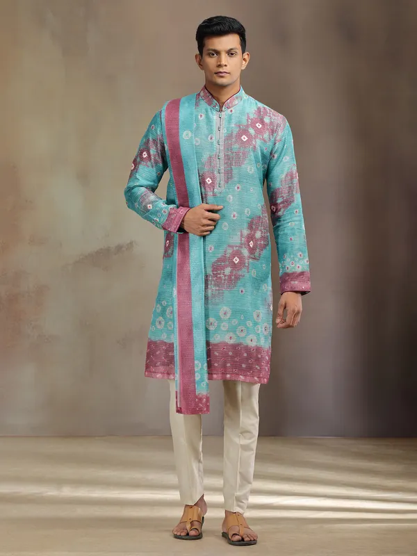 Aqua printed boho silk kurta pajama with dupatta