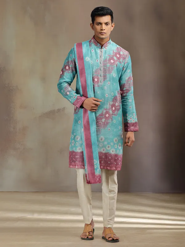 Aqua printed boho silk kurta pajama with dupatta