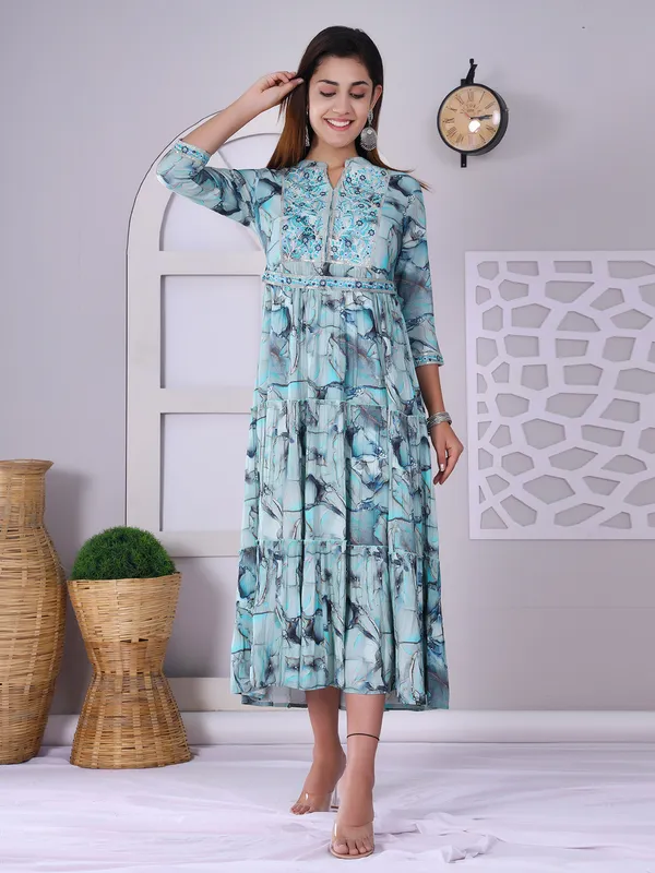Aqua printed long cotton kurti