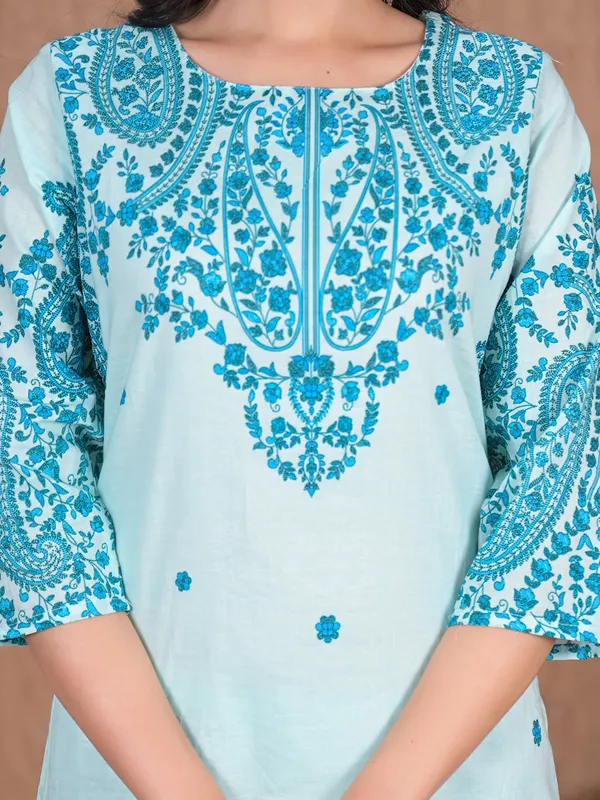 Aqua printed palazzo kurti set for women in cotton