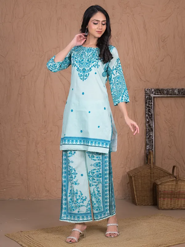 Aqua printed palazzo kurti set for women in cotton