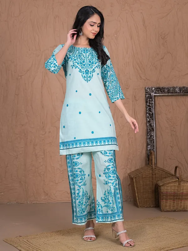 Aqua printed palazzo kurti set for women in cotton