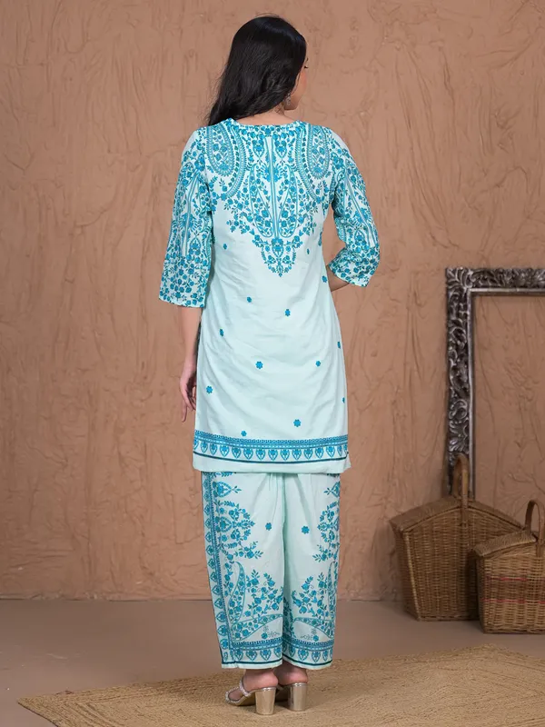 Aqua printed palazzo kurti set for women in cotton