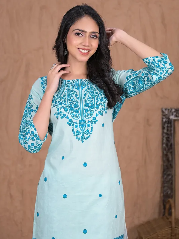Aqua printed palazzo kurti set for women in cotton