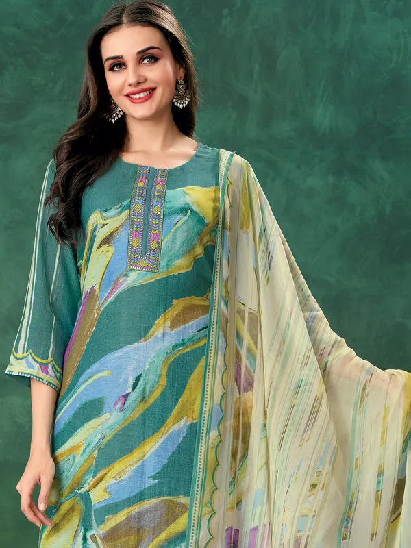 Aqua printed salwar suit in linen