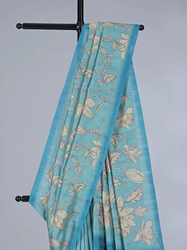 Aqua printed semi tusser silk saree with resham highlights
