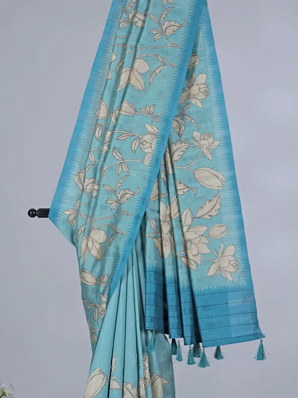 Aqua printed semi tusser silk saree with resham highlights