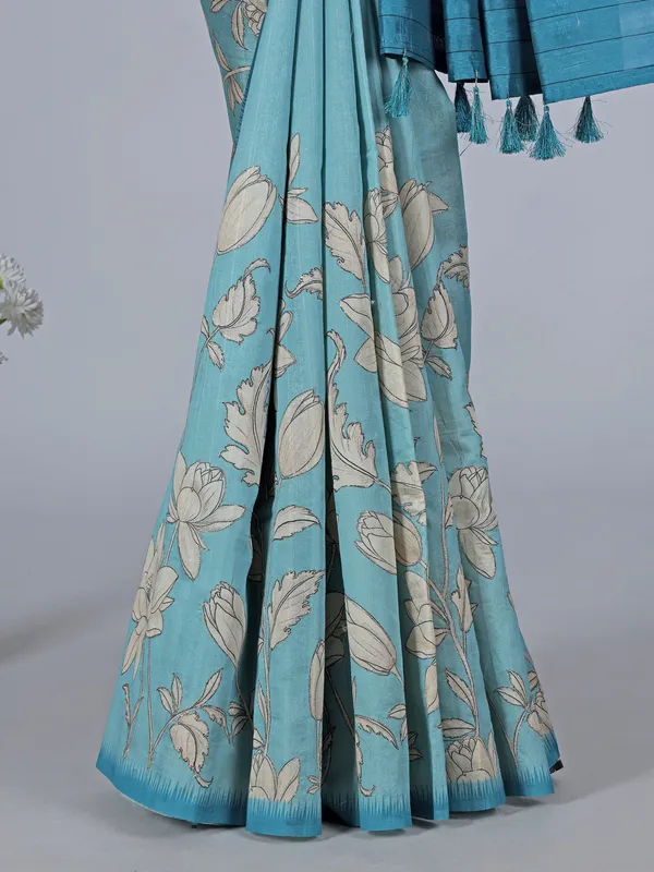 Aqua printed semi tusser silk saree with resham highlights