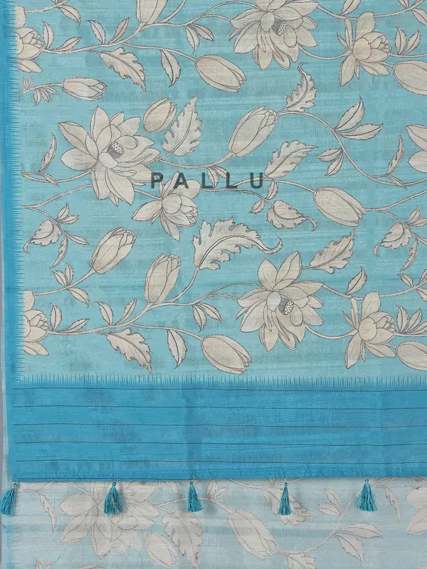Aqua printed semi tusser silk saree with resham highlights