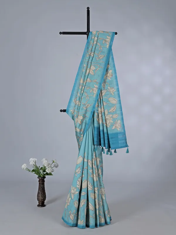 Aqua printed semi tusser silk saree with resham highlights