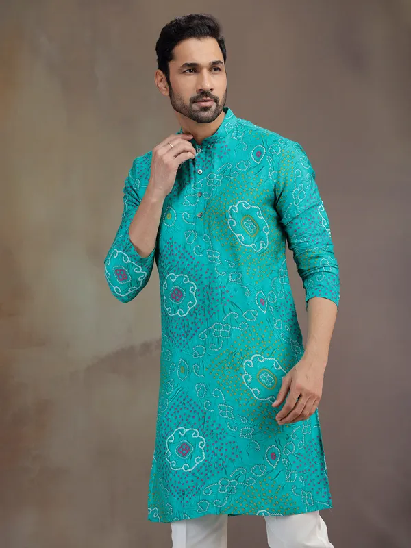 Aqua printed silk kurta pajama for festive celebration