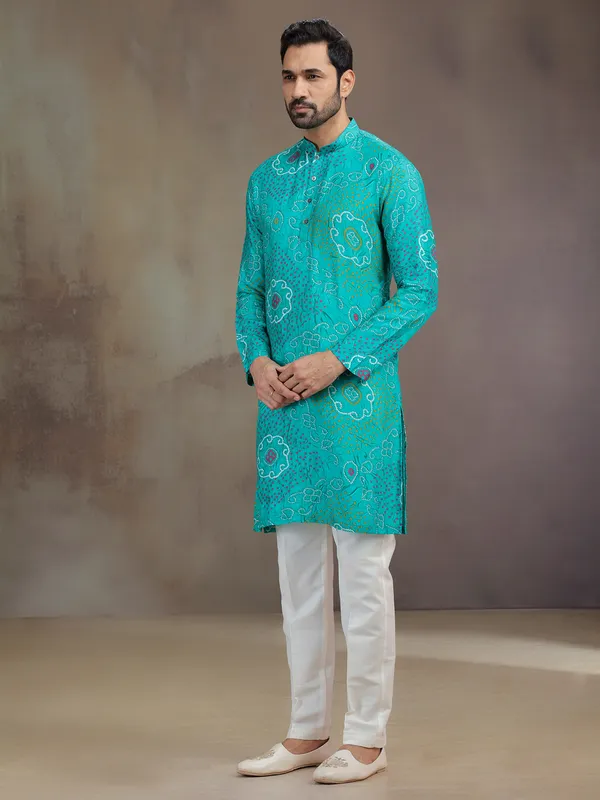 Aqua printed silk kurta pajama for festive celebration
