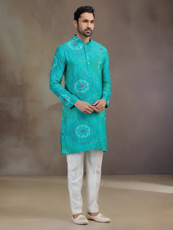 Aqua printed silk kurta pajama for festive celebration