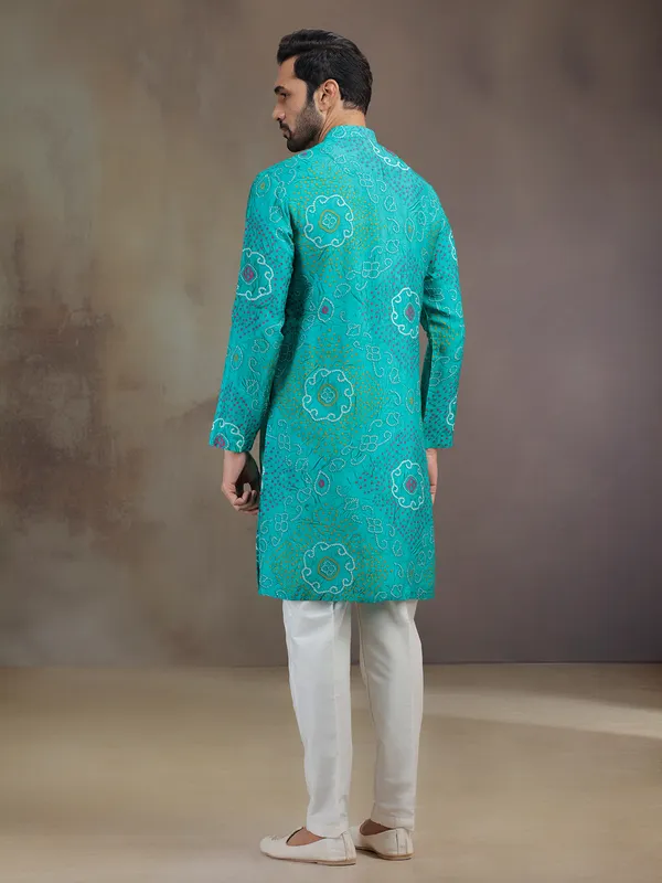 Aqua printed silk kurta pajama for festive celebration