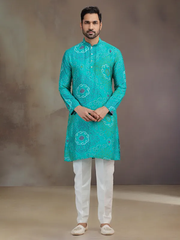 Aqua printed silk kurta pajama for festive celebration