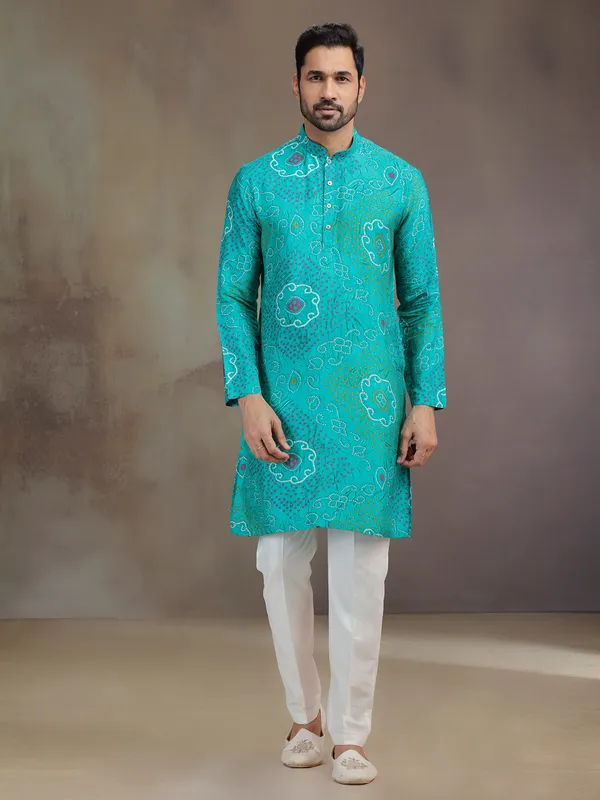 Aqua printed silk kurta pajama for festive celebration