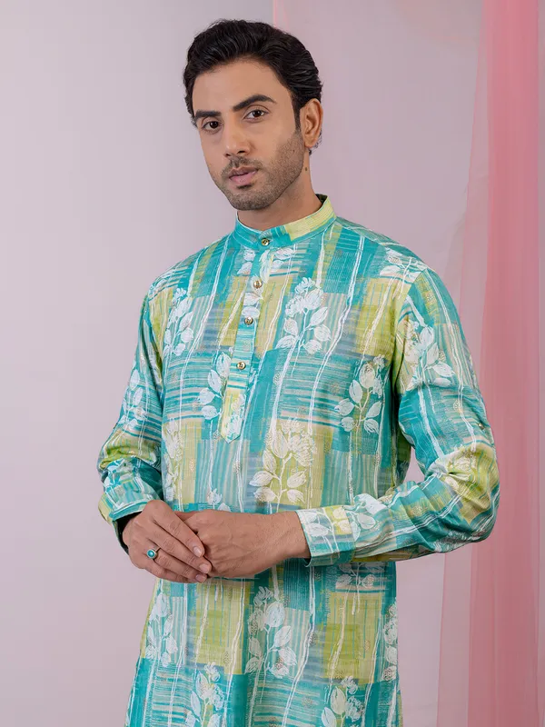 Aqua printed silk kurta with zari work