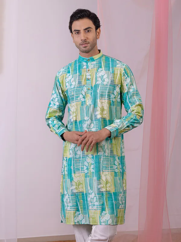 Aqua printed silk kurta with zari work