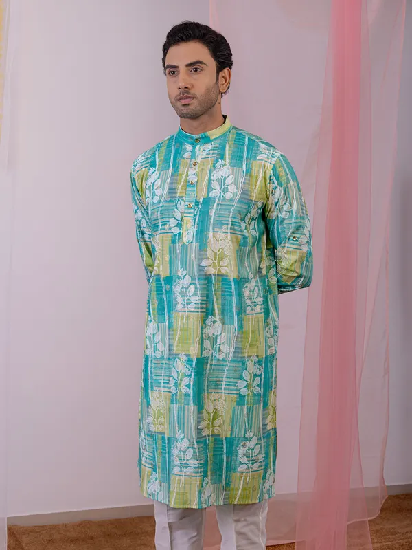 Aqua printed silk kurta with zari work