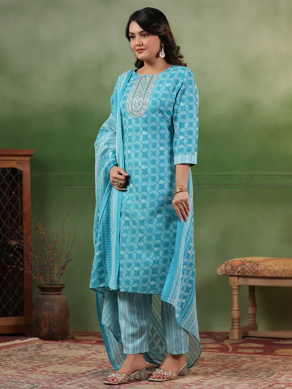 Aqua printed silk kurti set for women
