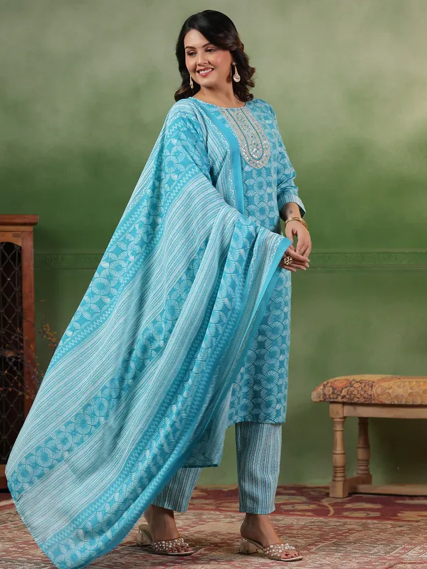 Aqua printed silk kurti set for women