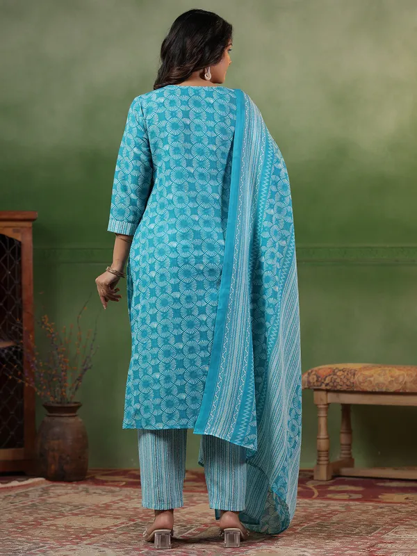 Aqua printed silk kurti set for women