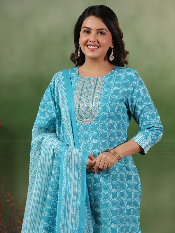 Aqua printed silk kurti set for women