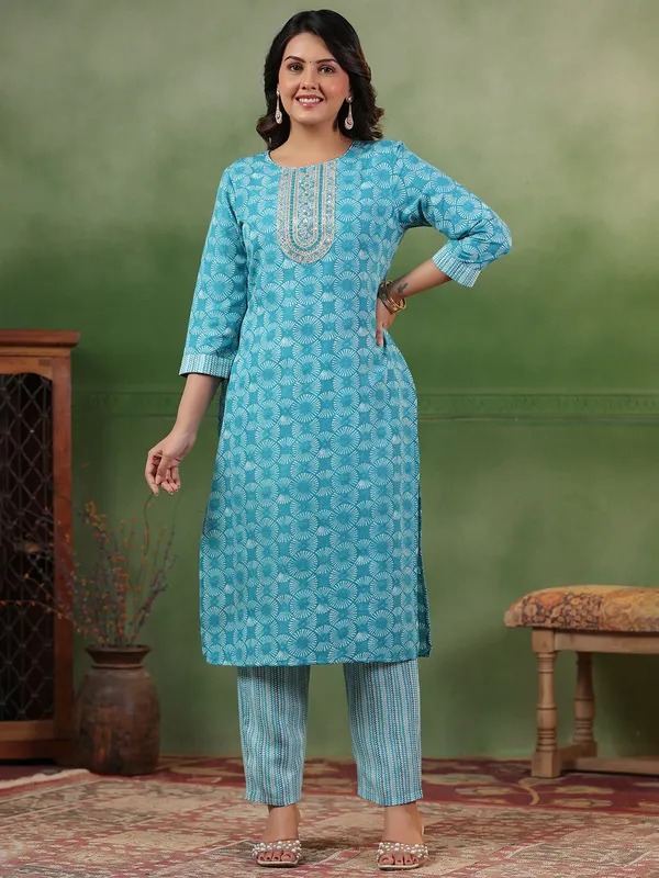 Aqua printed silk kurti set for women