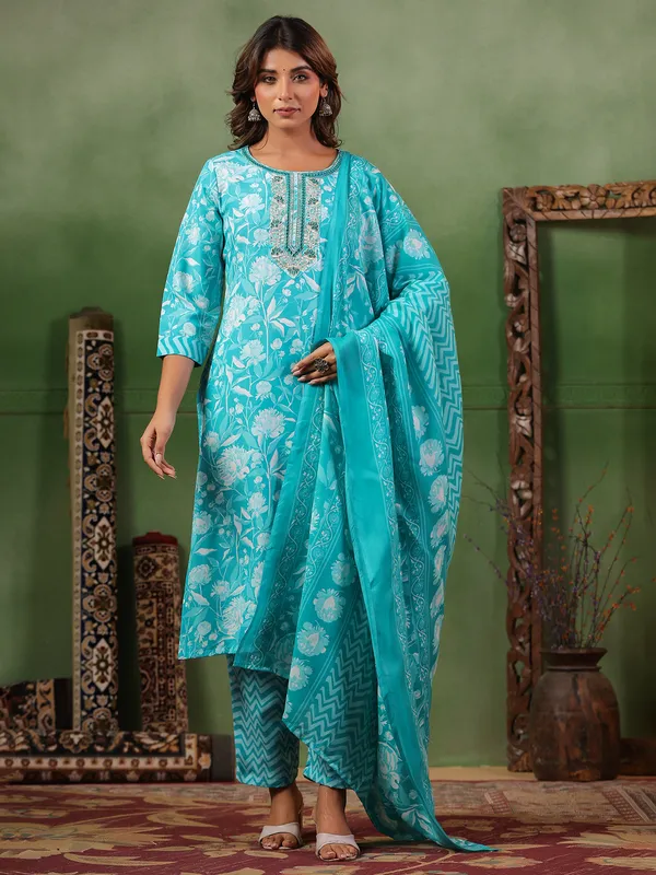 Aqua printed silk kurti set with dupatta