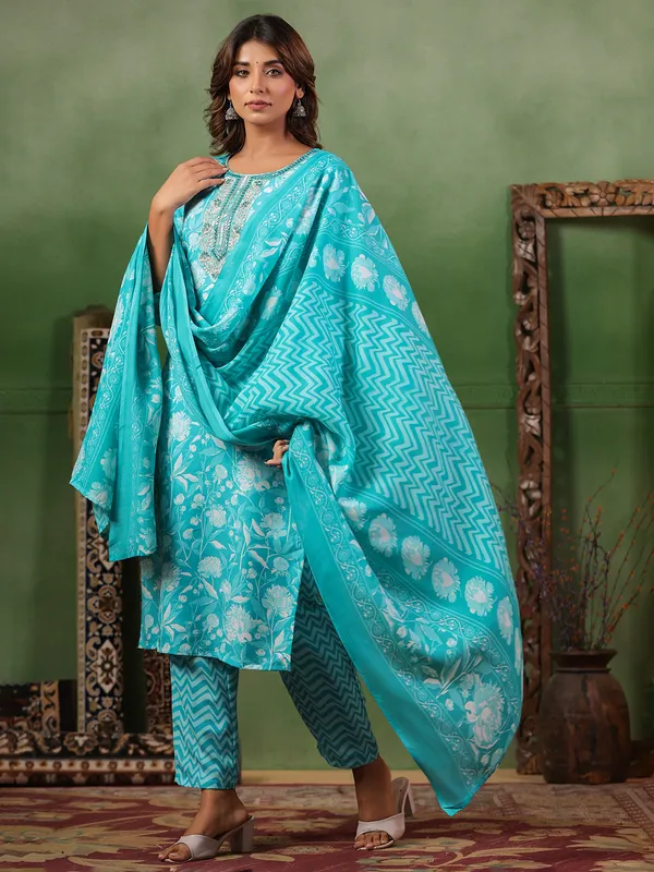 Aqua printed silk kurti set with dupatta