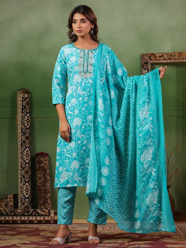 Aqua printed silk kurti set with dupatta