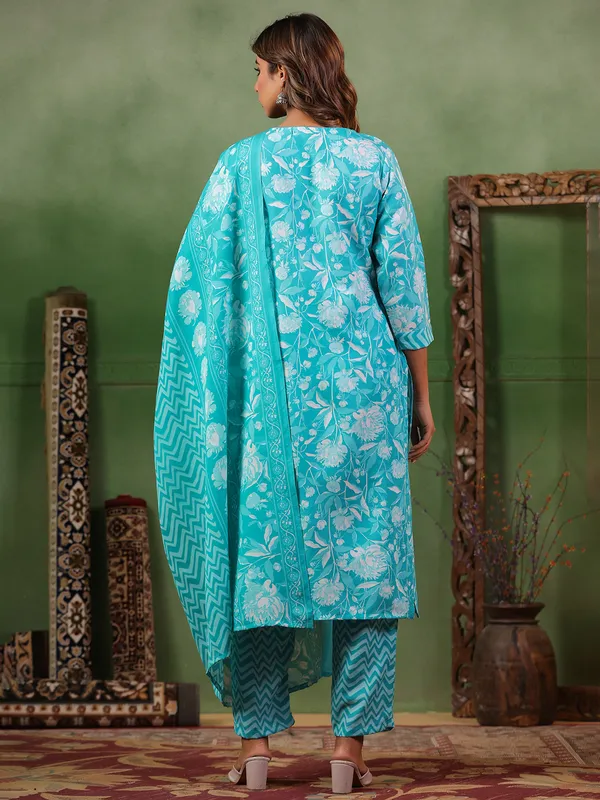Aqua printed silk kurti set with dupatta