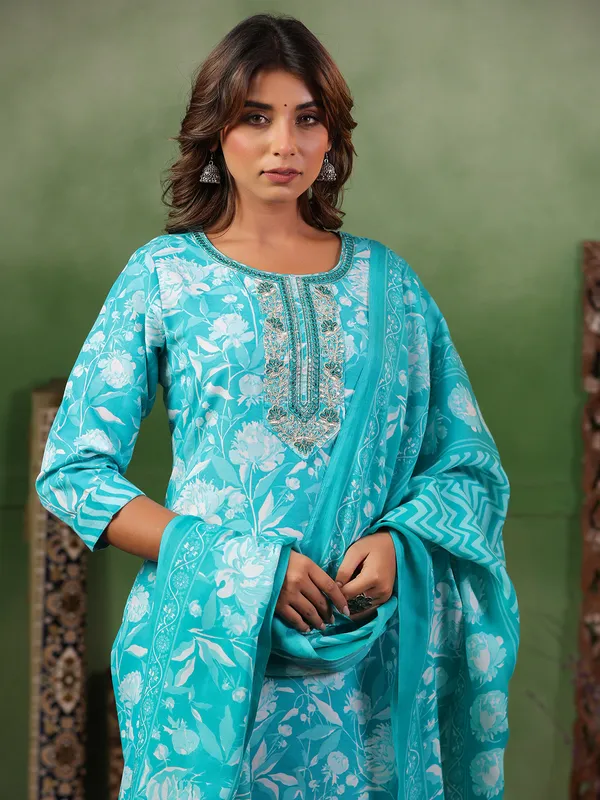 Aqua printed silk kurti set with dupatta