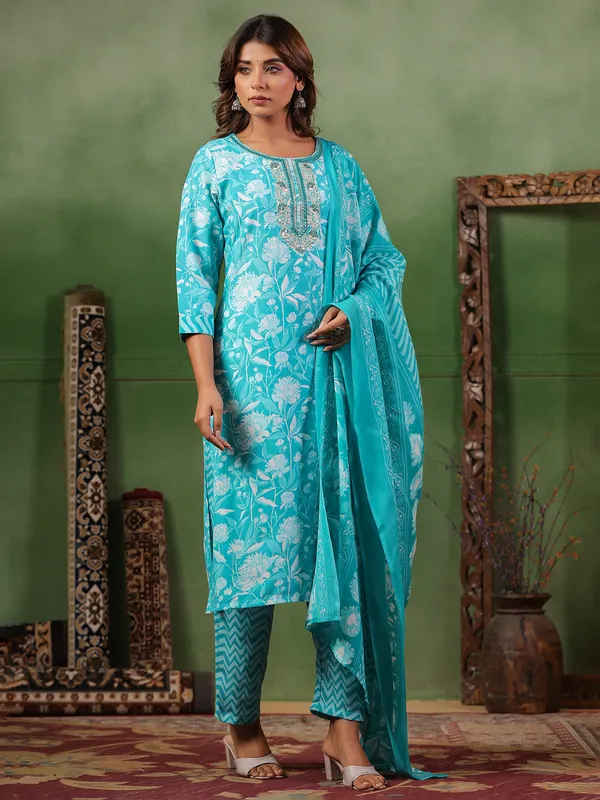 Aqua printed silk kurti set with dupatta