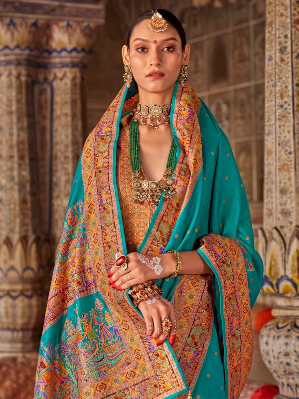 Aqua printed silk saree for festival