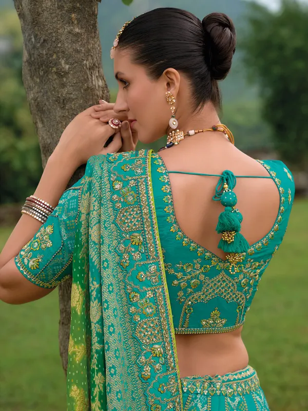 Aqua printed silk wedding style lehenga choli