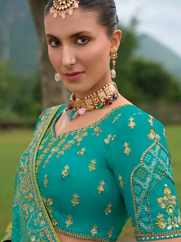 Aqua printed silk wedding style lehenga choli
