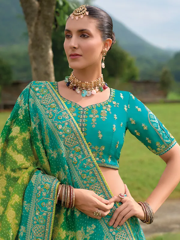 Aqua printed silk wedding style lehenga choli