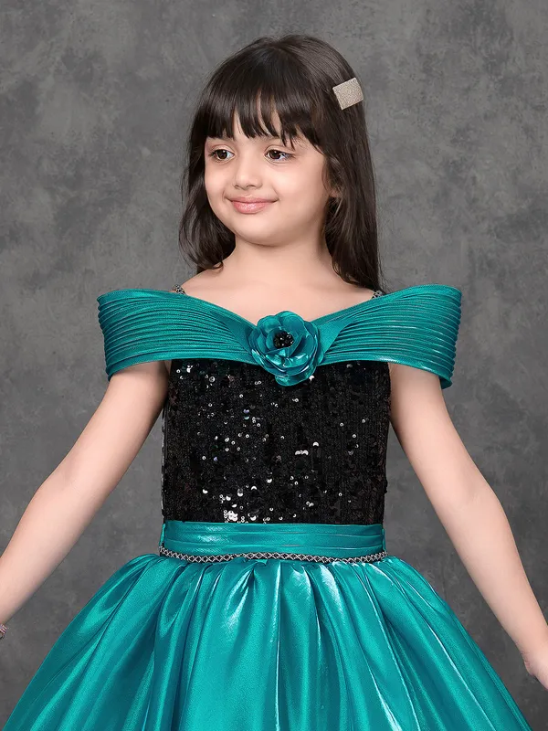 Aqua satin silk designer gown with pearls