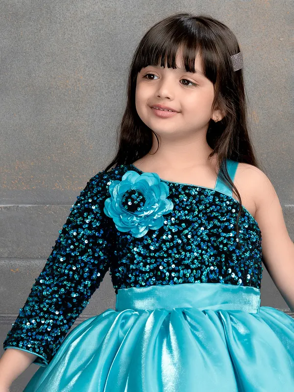 Aqua satin silk frock with shimmering sequins