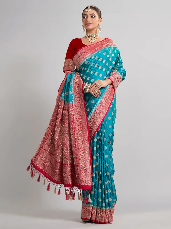 Aqua satin silk saree with festive contrast border design