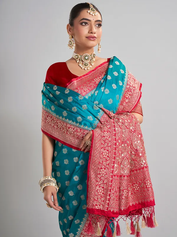 Aqua satin silk saree with festive contrast border design